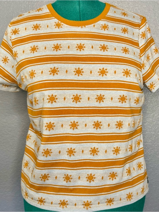 Toad&Co Tops - Toad&Co Sun Print Tee L Cream Yellow Striped Organic Cotton